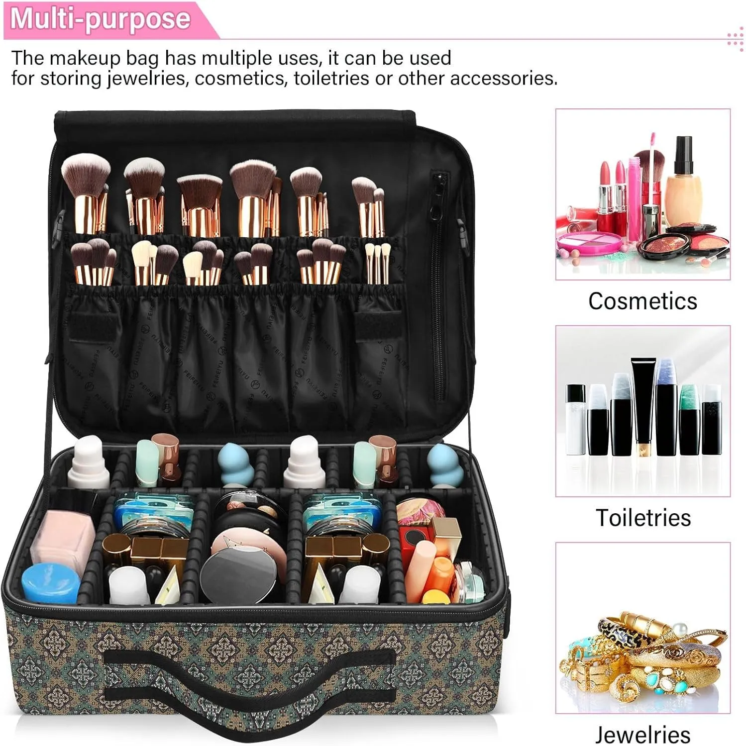 Large Hard Shell Travel Bag Makeup Organizer with Handle Dividers