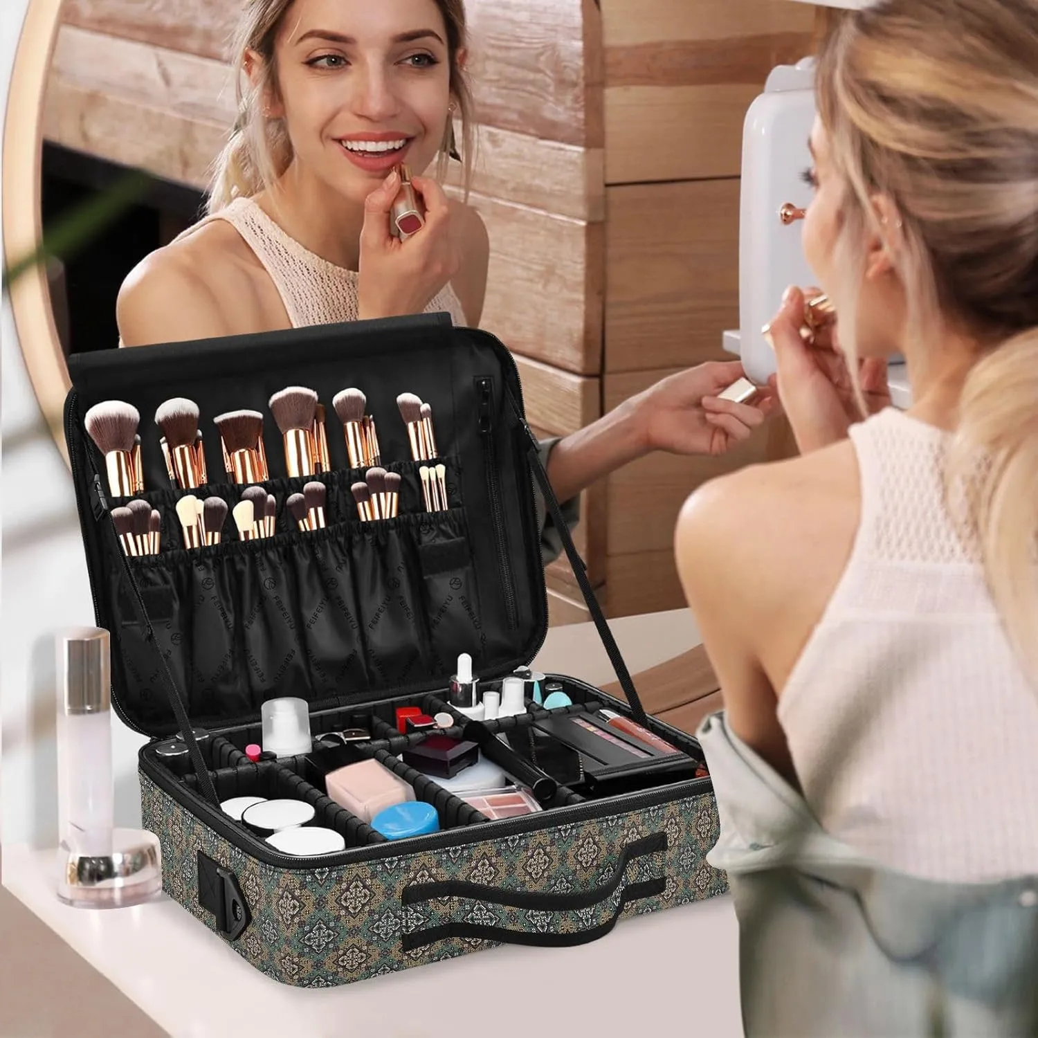 Large Hard Shell Travel Bag Makeup Organizer with Handle Dividers
