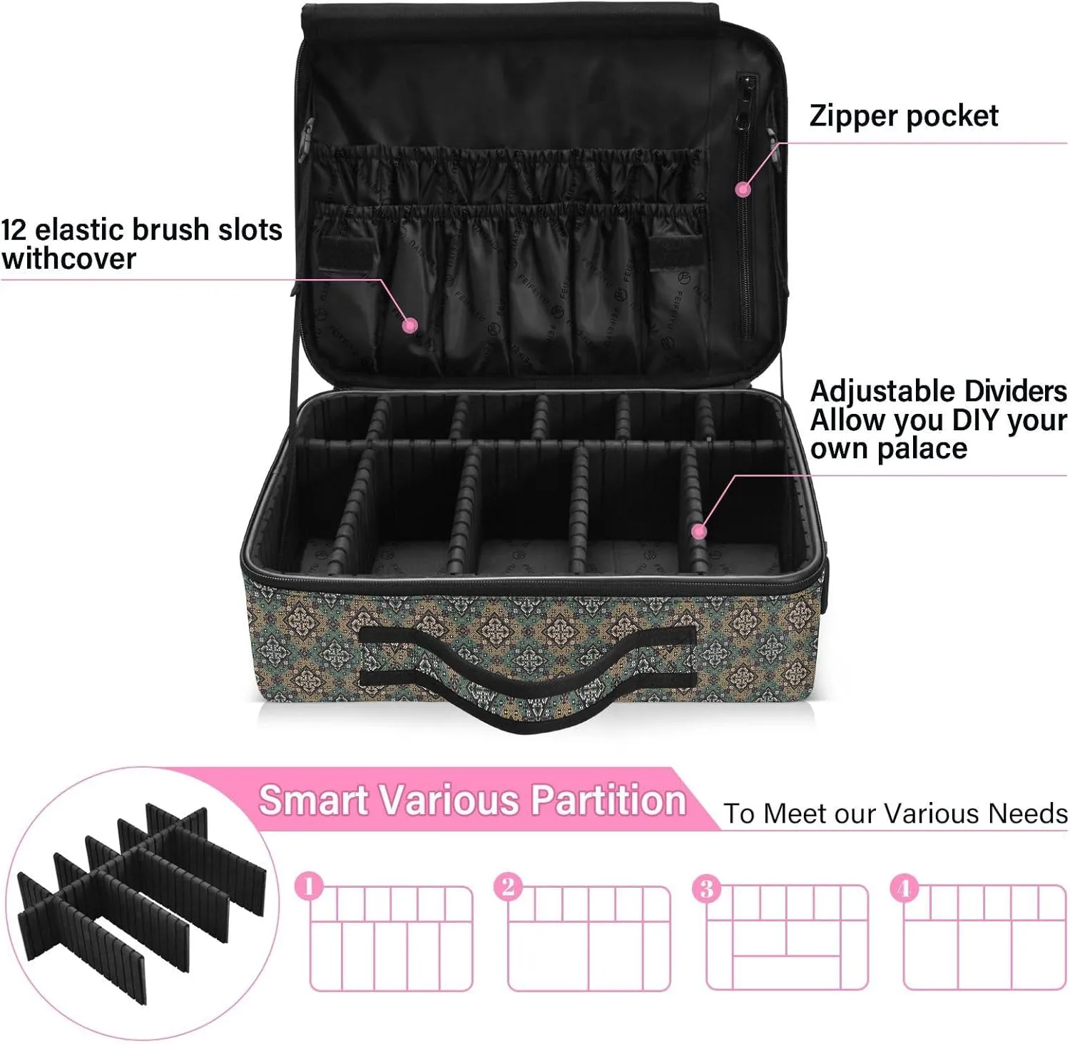 Large Hard Shell Travel Bag Makeup Organizer with Handle Dividers
