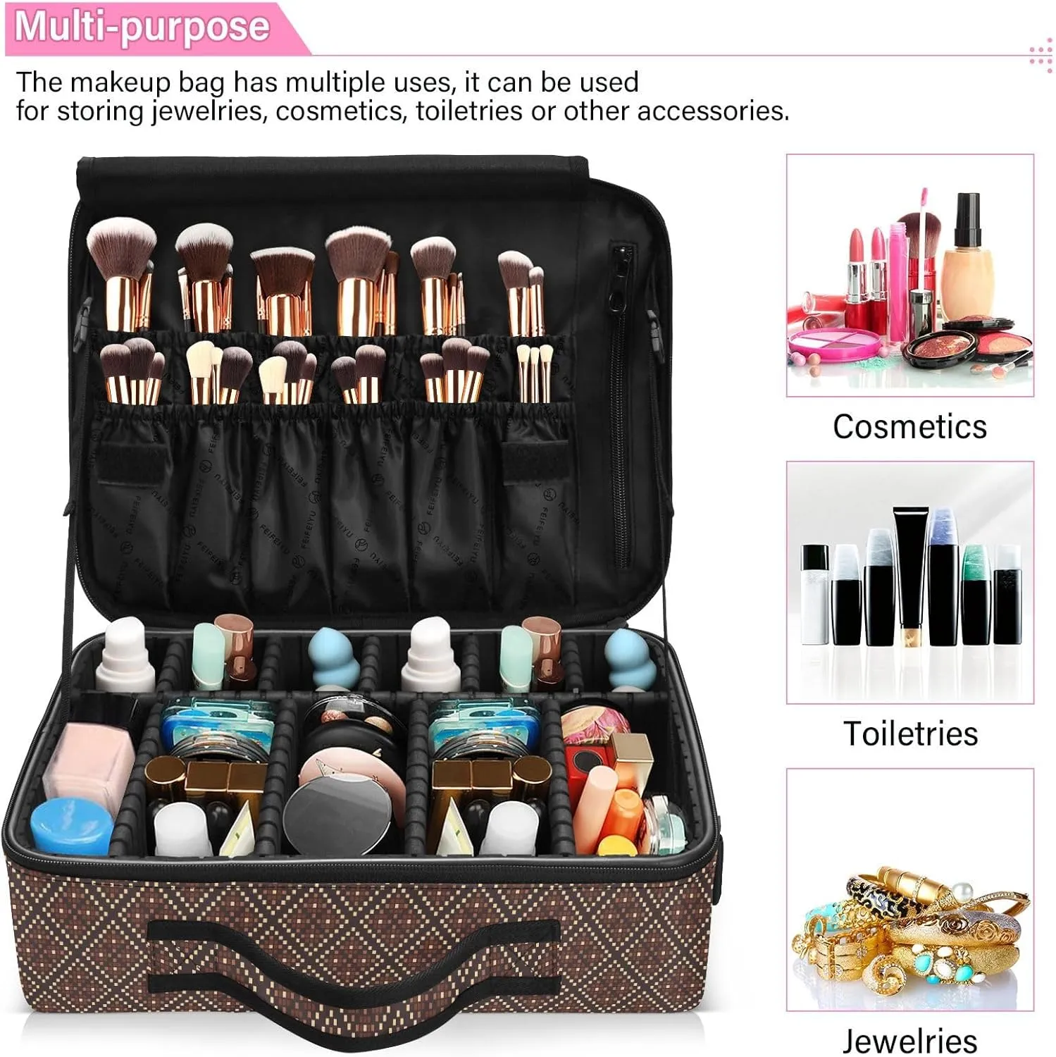 Large Hard Shell Travel Bag Makeup Organizer with Handle Dividers