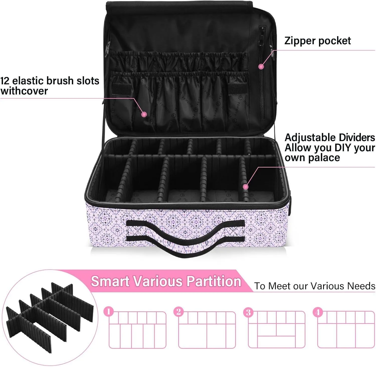 Large Hard Shell Travel Bag Makeup Organizer with Handle Dividers