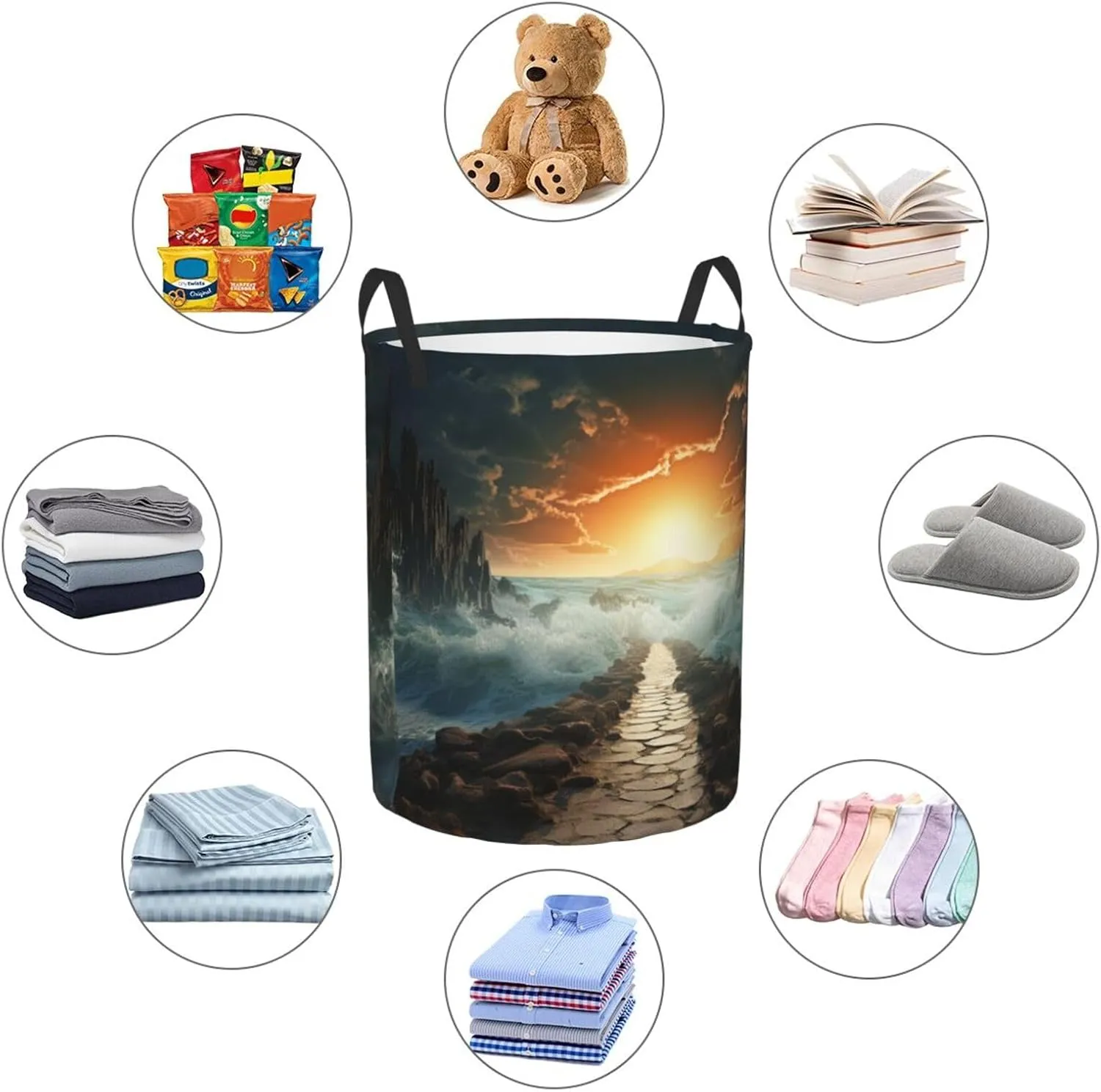 Large Laundry Basket Divided Sea Pathway Foldable Laundry Hamper Waterproof Collapsible Washing Bin Clothes Bag Freestanding Dirty Clothes Hampers for Laundry, Bedroom, Dorm