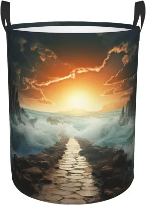 Large Laundry Basket Divided Sea Pathway Foldable Laundry Hamper Waterproof Collapsible Washing Bin Clothes Bag Freestanding Dirty Clothes Hampers for Laundry, Bedroom, Dorm