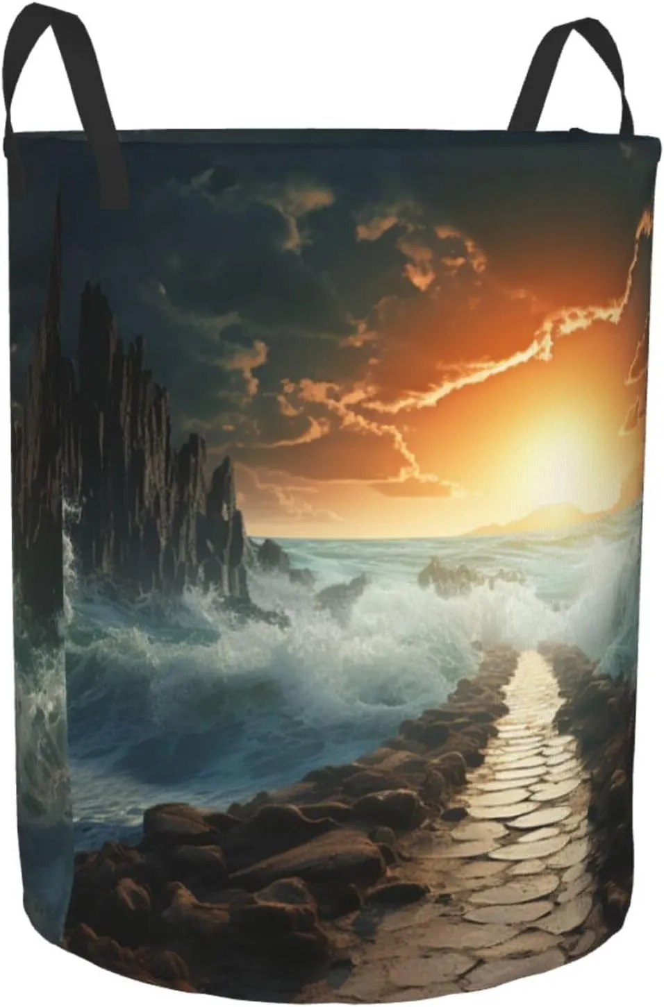 Large Laundry Basket Divided Sea Pathway Foldable Laundry Hamper Waterproof Collapsible Washing Bin Clothes Bag Freestanding Dirty Clothes Hampers for Laundry, Bedroom, Dorm