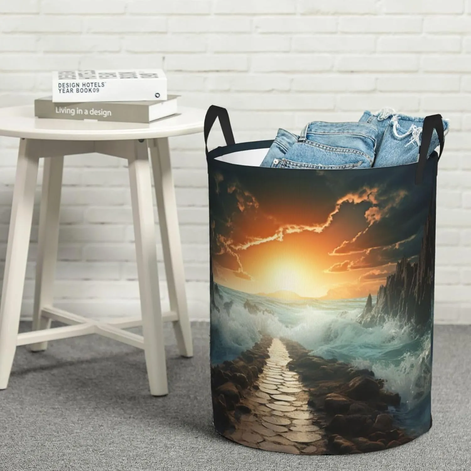 Large Laundry Basket Divided Sea Pathway Foldable Laundry Hamper Waterproof Collapsible Washing Bin Clothes Bag Freestanding Dirty Clothes Hampers for Laundry, Bedroom, Dorm