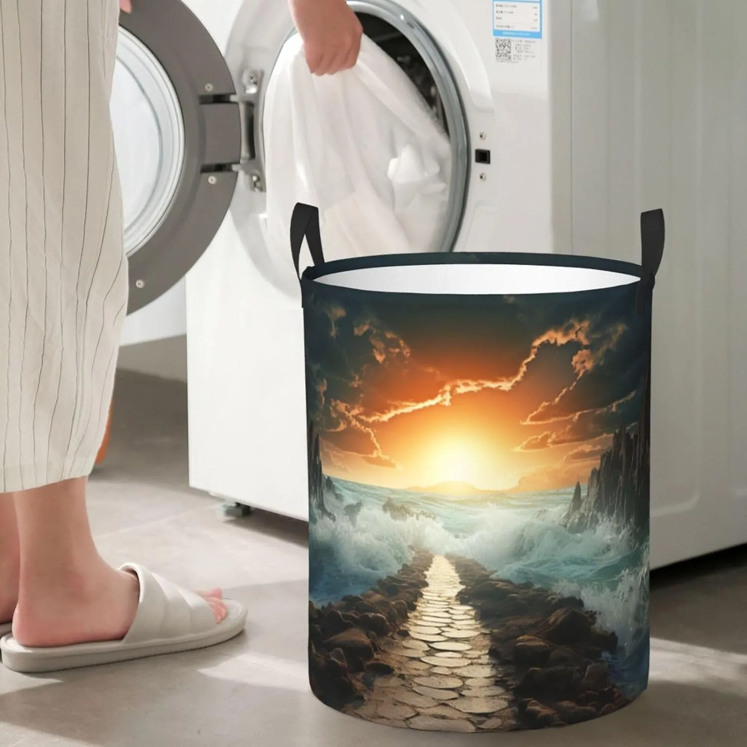 Large Laundry Basket Divided Sea Pathway Foldable Laundry Hamper Waterproof Collapsible Washing Bin Clothes Bag Freestanding Dirty Clothes Hampers for Laundry, Bedroom, Dorm