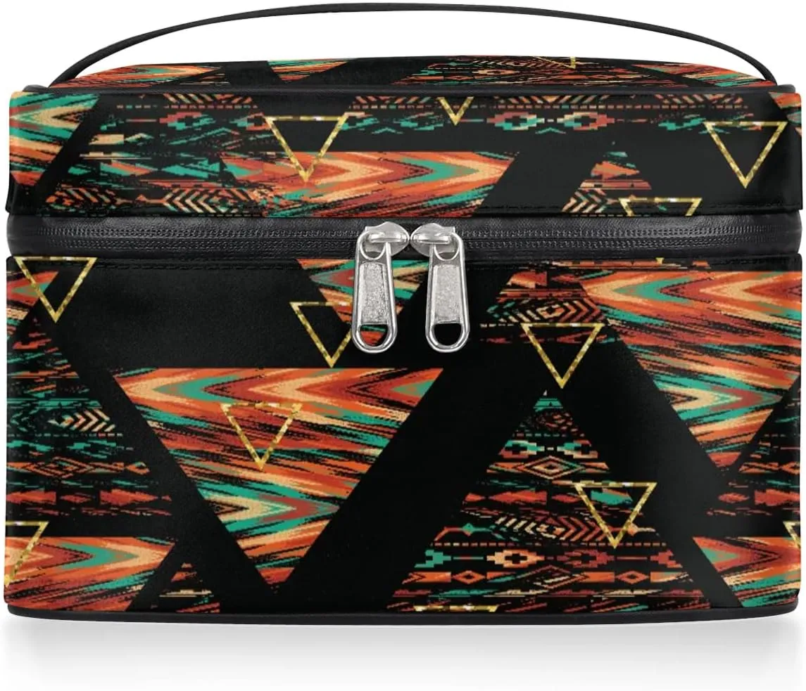 Large Makeup Bag Egyptian Abstract Geometry Cosmetic Bag, Travel Toiletry Bag for Women Cute Skincare Pouches with Handle Divider,Portable Aesthetic Makeup Box Organizer Bag for Girls