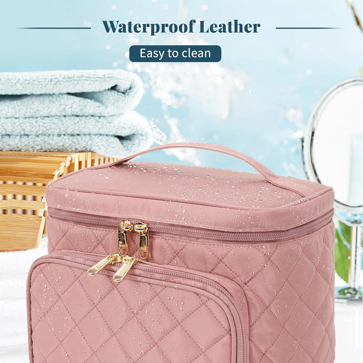 Large Makeup Bag, Portable Travel Makeup Bag for Women Girls with Makeup Brush Compartment, Stylish Makeup Bag Organizer Cosmetic Case With Handle and Divider - Nude Pink