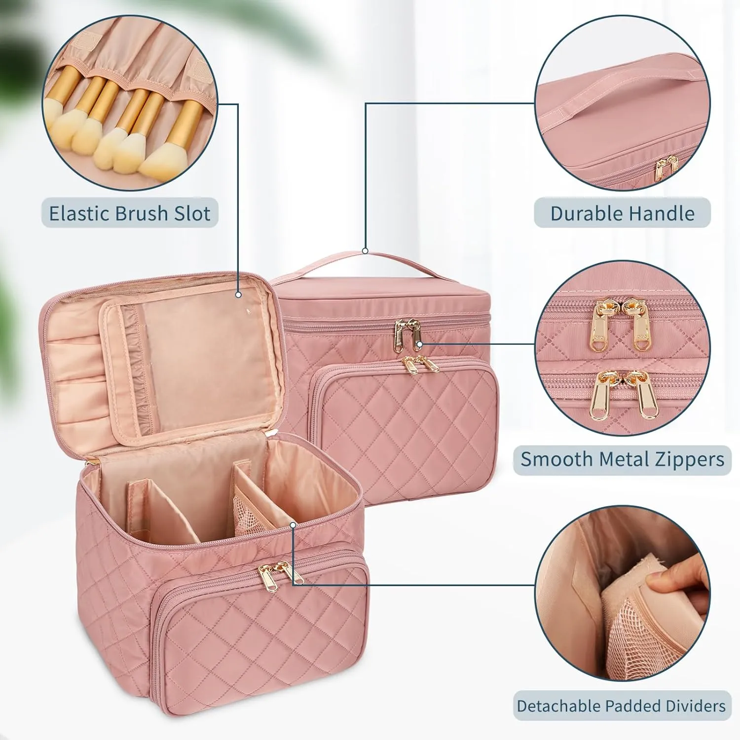 Large Makeup Bag, Portable Travel Makeup Bag for Women Girls with Makeup Brush Compartment, Stylish Makeup Bag Organizer Cosmetic Case With Handle and Divider - Nude Pink