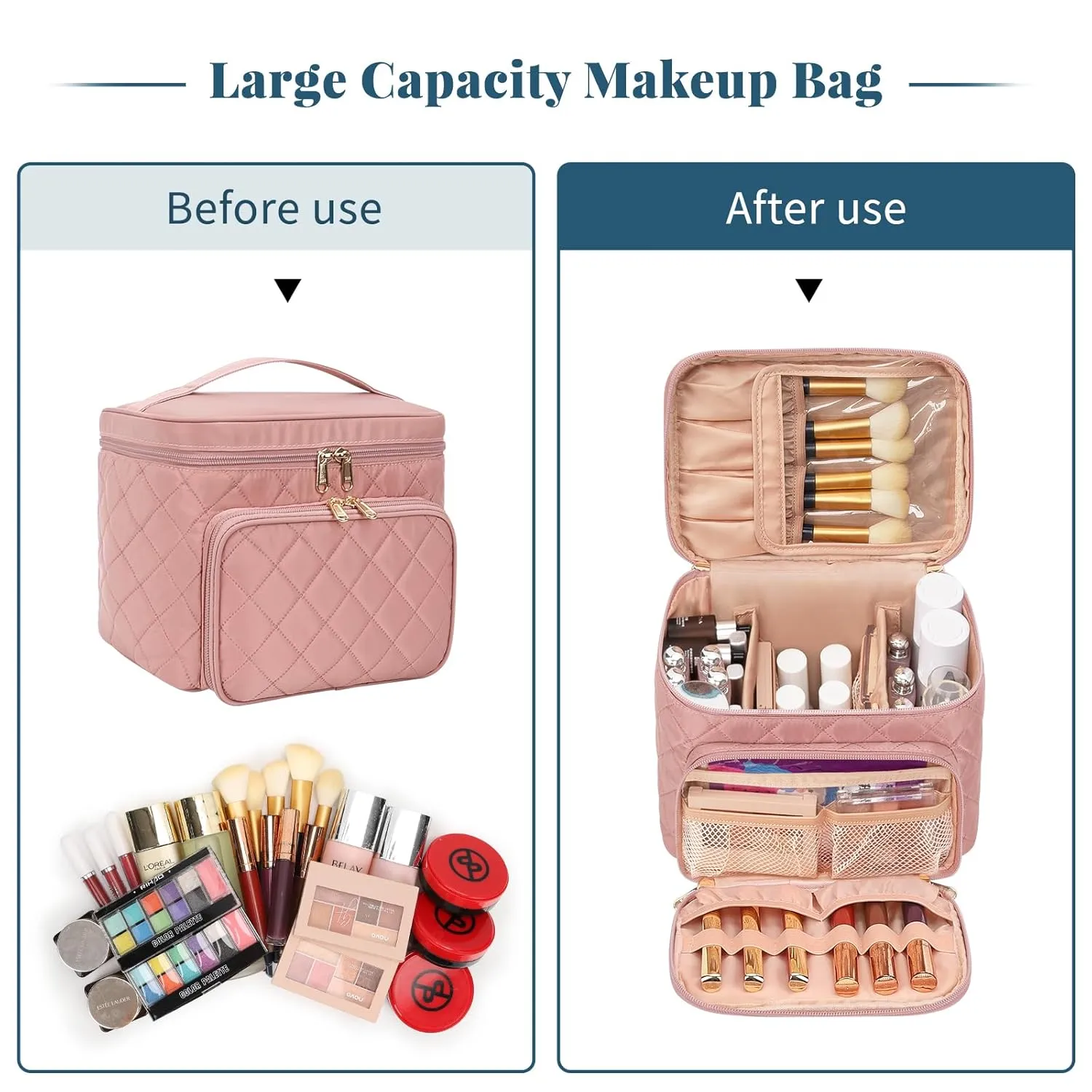 Large Makeup Bag, Portable Travel Makeup Bag for Women Girls with Makeup Brush Compartment, Stylish Makeup Bag Organizer Cosmetic Case With Handle and Divider - Nude Pink