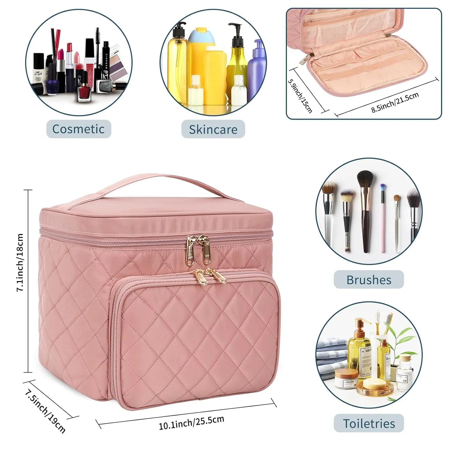Large Makeup Bag, Portable Travel Makeup Bag for Women Girls with Makeup Brush Compartment, Stylish Makeup Bag Organizer Cosmetic Case With Handle and Divider - Nude Pink