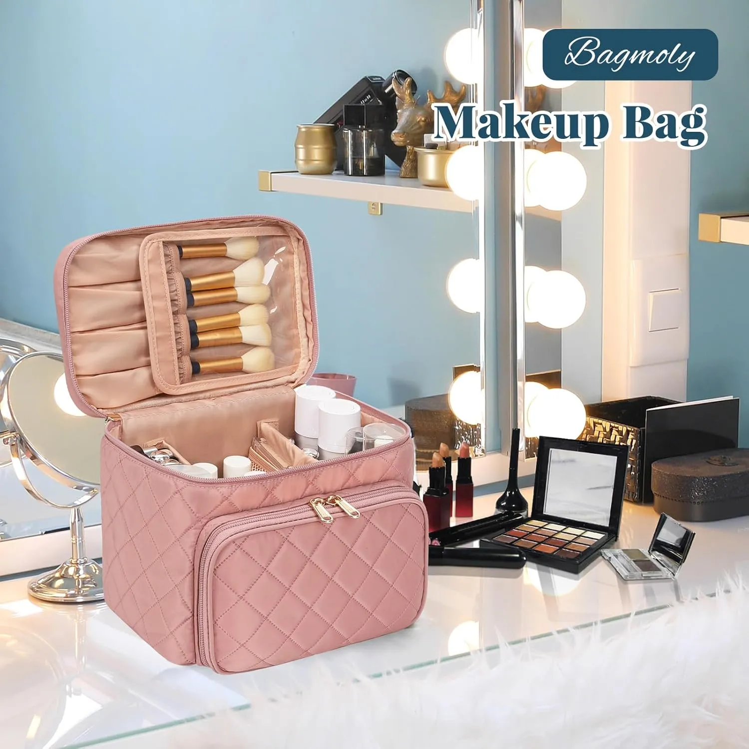 Large Makeup Bag, Portable Travel Makeup Bag for Women Girls with Makeup Brush Compartment, Stylish Makeup Bag Organizer Cosmetic Case With Handle and Divider - Nude Pink