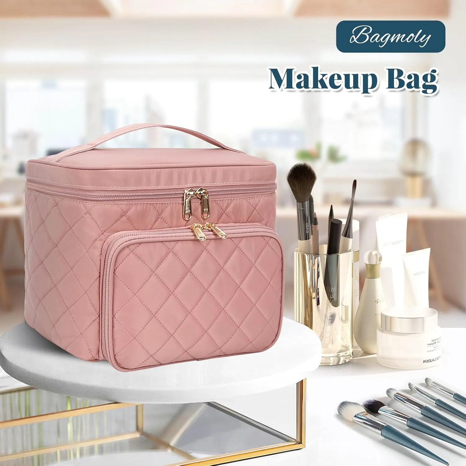 Large Makeup Bag, Portable Travel Makeup Bag for Women Girls with Makeup Brush Compartment, Stylish Makeup Bag Organizer Cosmetic Case With Handle and Divider - Nude Pink
