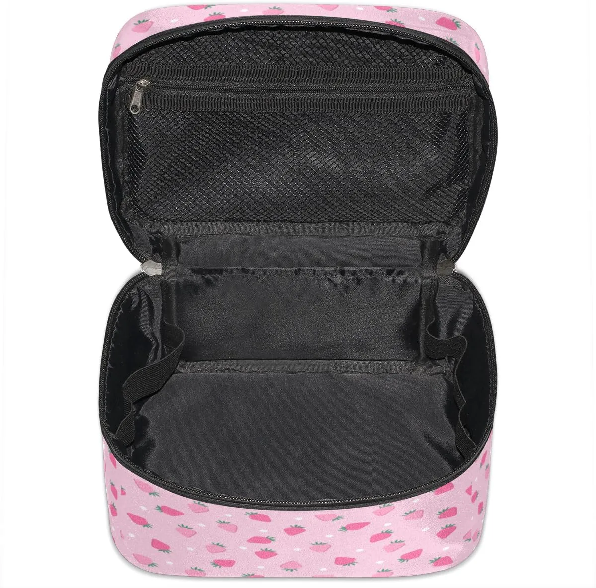 Large Makeup Bag Strawberry Cosmetic Bag, Pink Travel Toiletry Bag for Women Cute Fruit Skincare Pouches for Organization with Handle Divider,Portable Aesthetic Makeup Box Organizer Case for Girls