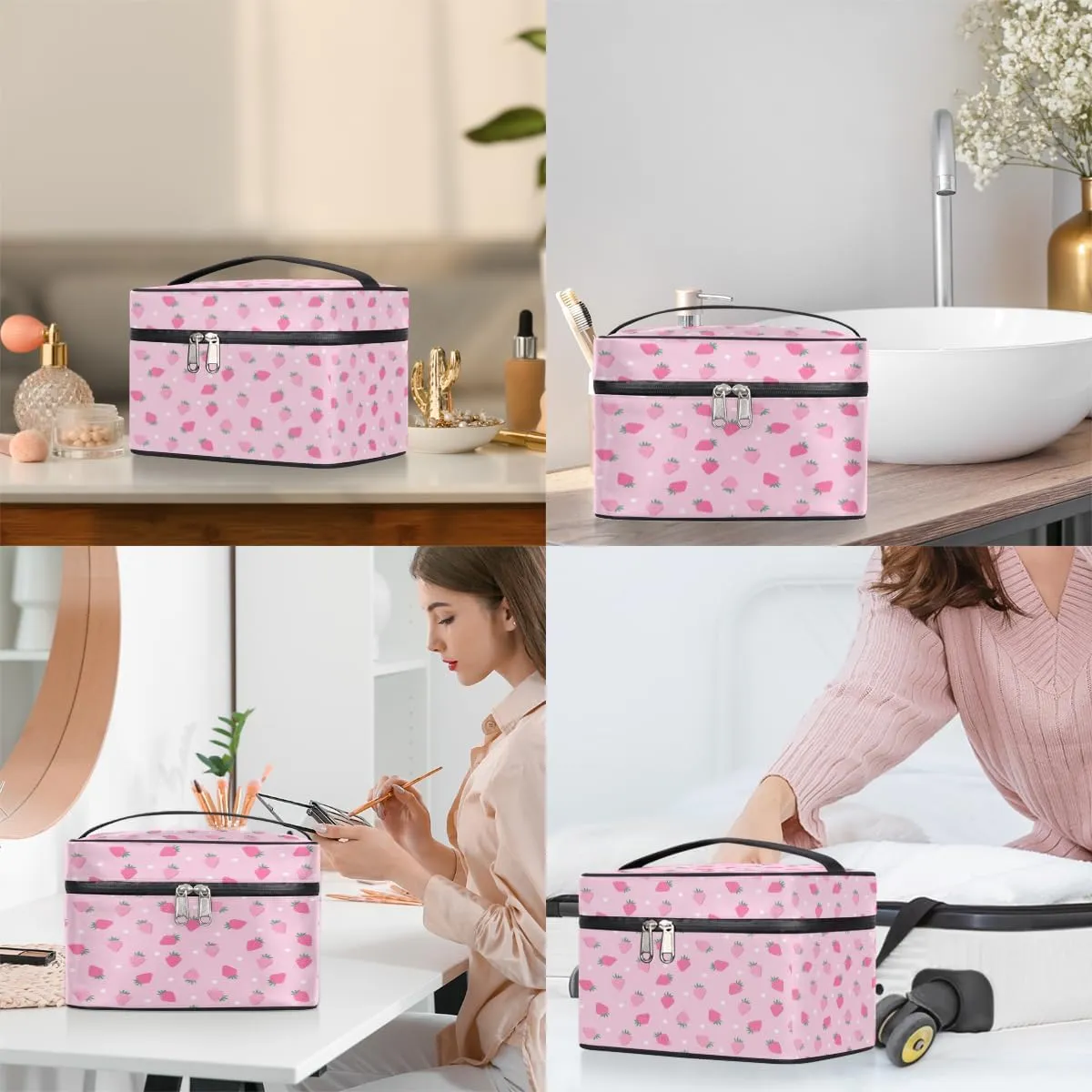 Large Makeup Bag Strawberry Cosmetic Bag, Pink Travel Toiletry Bag for Women Cute Fruit Skincare Pouches for Organization with Handle Divider,Portable Aesthetic Makeup Box Organizer Case for Girls