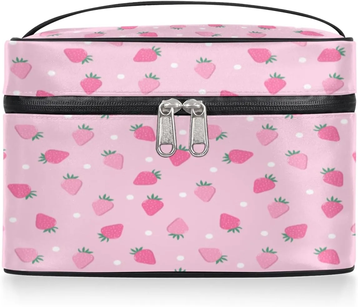 Large Makeup Bag Strawberry Cosmetic Bag, Pink Travel Toiletry Bag for Women Cute Fruit Skincare Pouches for Organization with Handle Divider,Portable Aesthetic Makeup Box Organizer Case for Girls