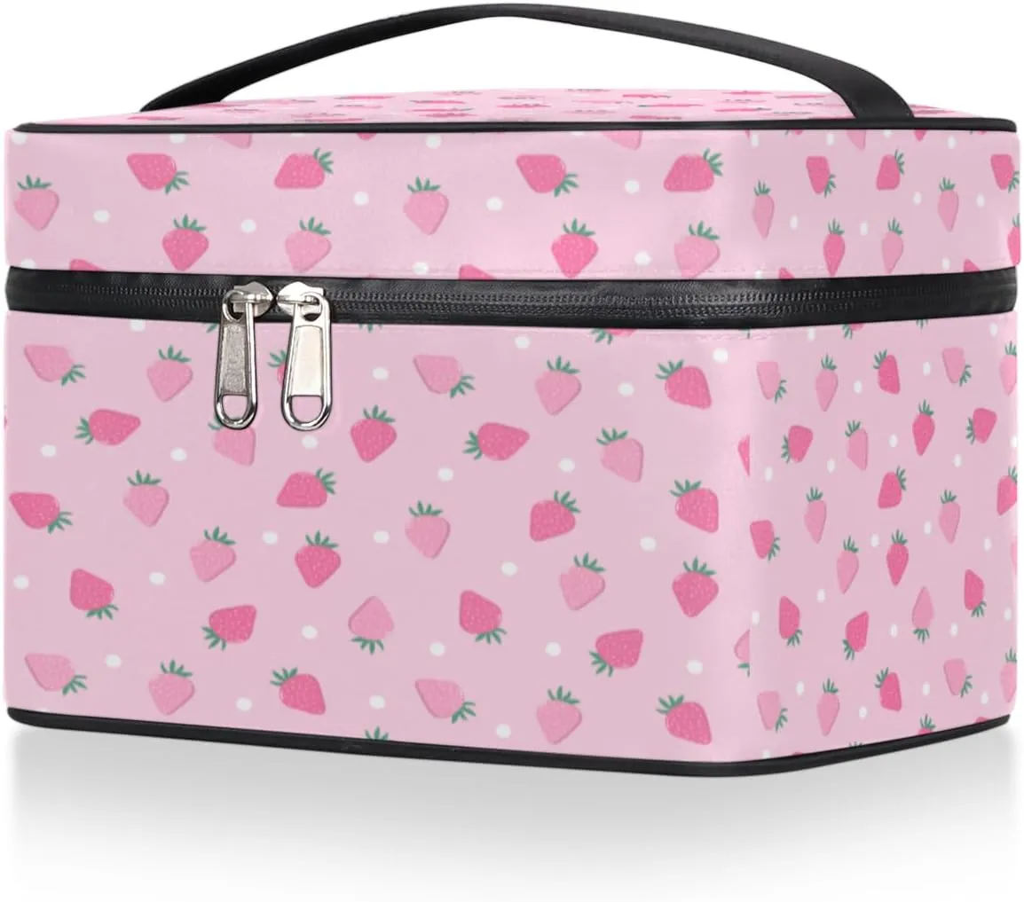 Large Makeup Bag Strawberry Cosmetic Bag, Pink Travel Toiletry Bag for Women Cute Fruit Skincare Pouches for Organization with Handle Divider,Portable Aesthetic Makeup Box Organizer Case for Girls