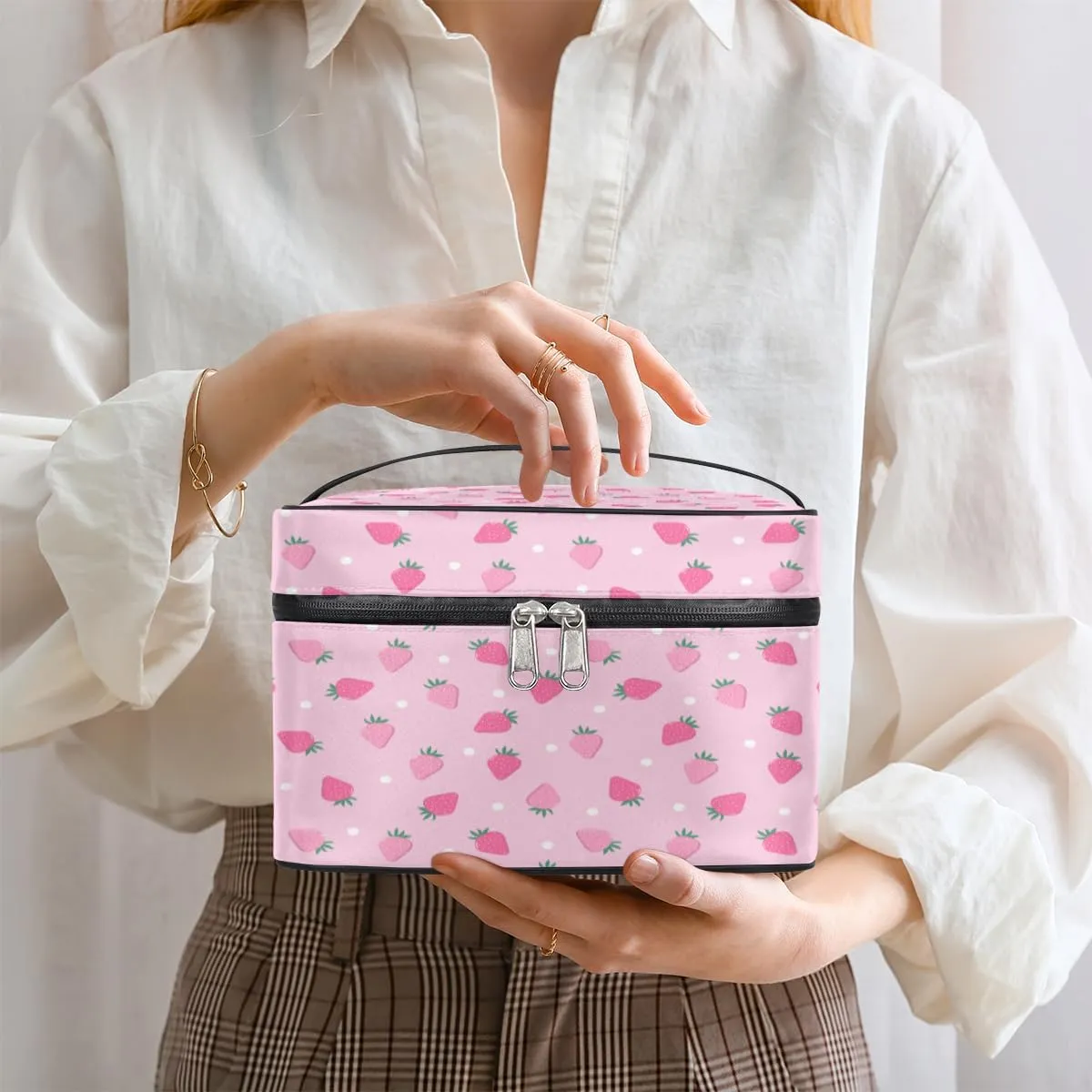 Large Makeup Bag Strawberry Cosmetic Bag, Pink Travel Toiletry Bag for Women Cute Fruit Skincare Pouches for Organization with Handle Divider,Portable Aesthetic Makeup Box Organizer Case for Girls