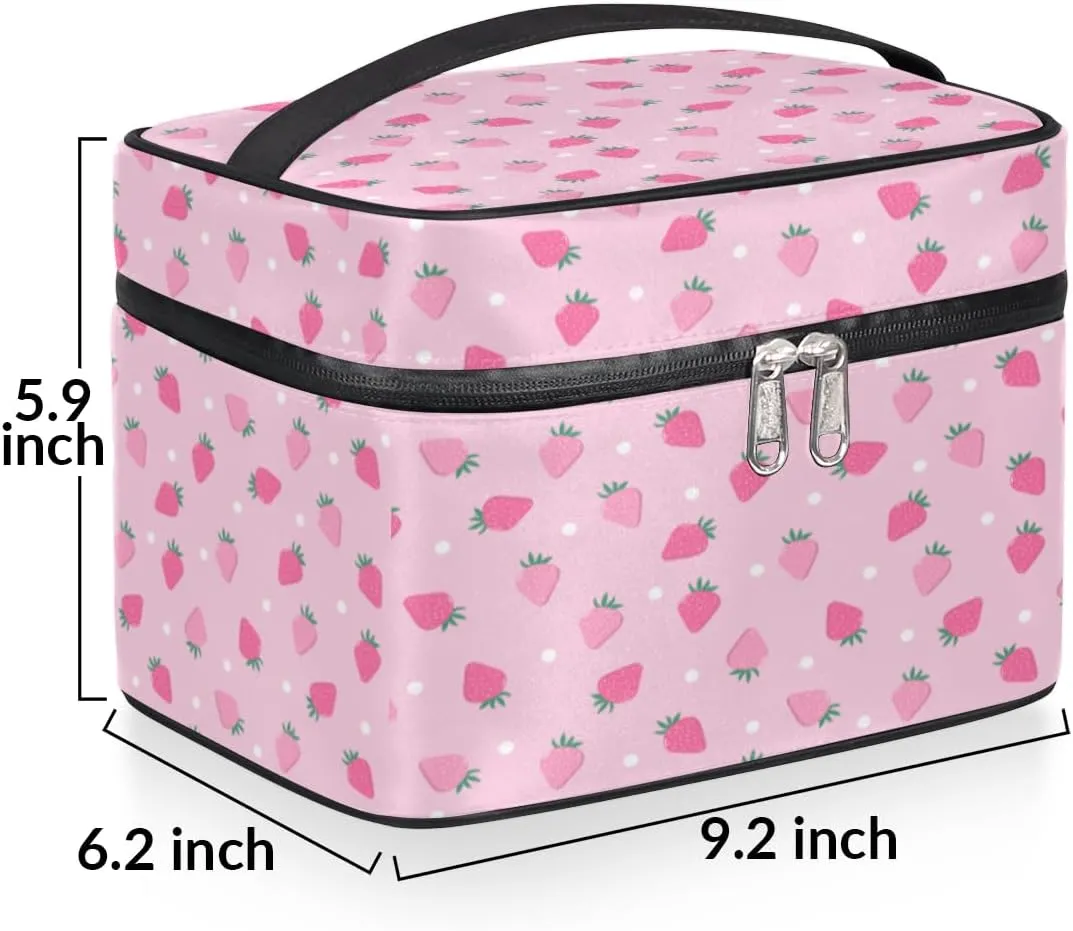 Large Makeup Bag Strawberry Cosmetic Bag, Pink Travel Toiletry Bag for Women Cute Fruit Skincare Pouches for Organization with Handle Divider,Portable Aesthetic Makeup Box Organizer Case for Girls