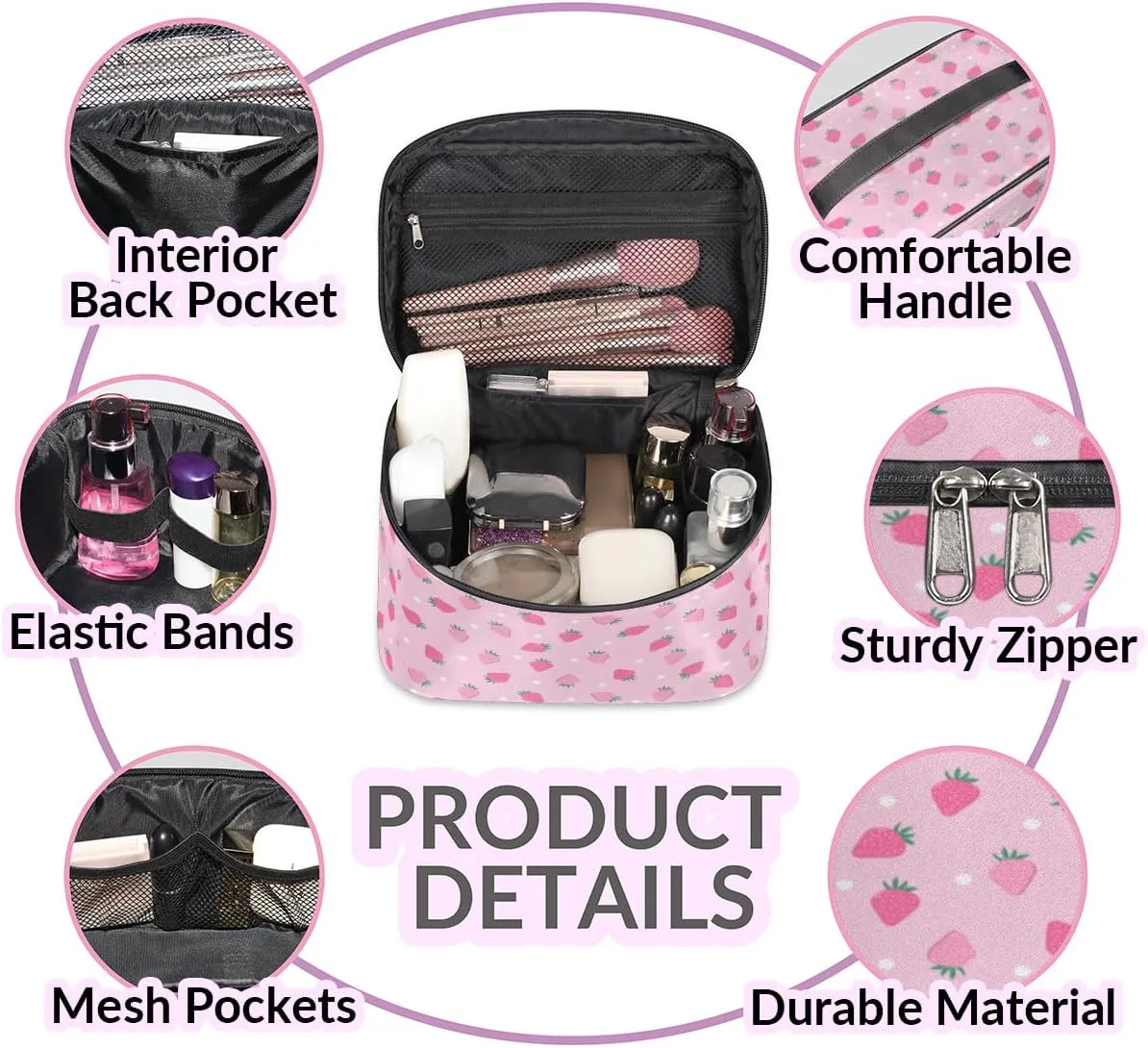 Large Makeup Bag Strawberry Cosmetic Bag, Pink Travel Toiletry Bag for Women Cute Fruit Skincare Pouches for Organization with Handle Divider,Portable Aesthetic Makeup Box Organizer Case for Girls
