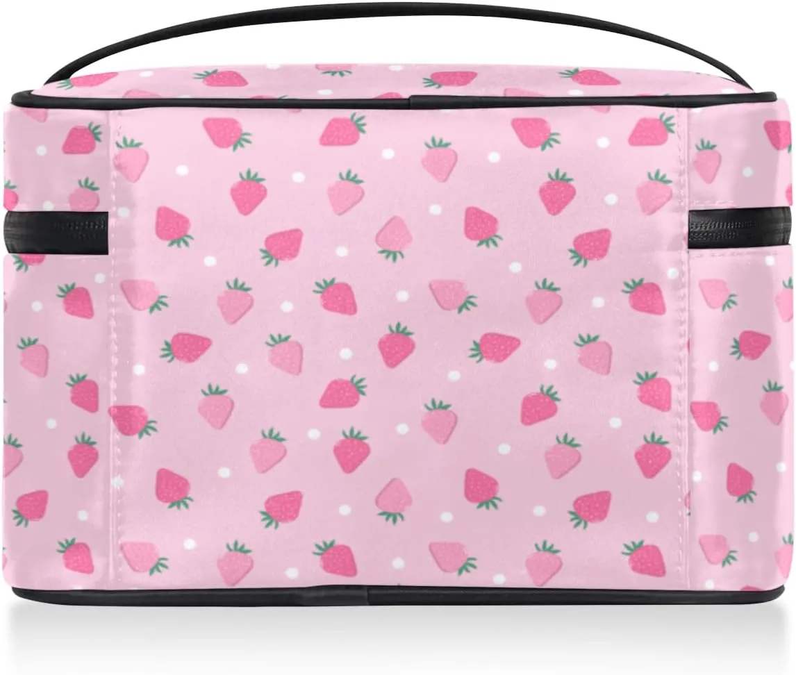 Large Makeup Bag Strawberry Cosmetic Bag, Pink Travel Toiletry Bag for Women Cute Fruit Skincare Pouches for Organization with Handle Divider,Portable Aesthetic Makeup Box Organizer Case for Girls