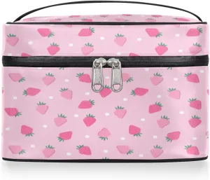 Large Makeup Bag Strawberry Cosmetic Bag, Pink Travel Toiletry Bag for Women Cute Fruit Skincare Pouches for Organization with Handle Divider,Portable Aesthetic Makeup Box Organizer Case for Girls