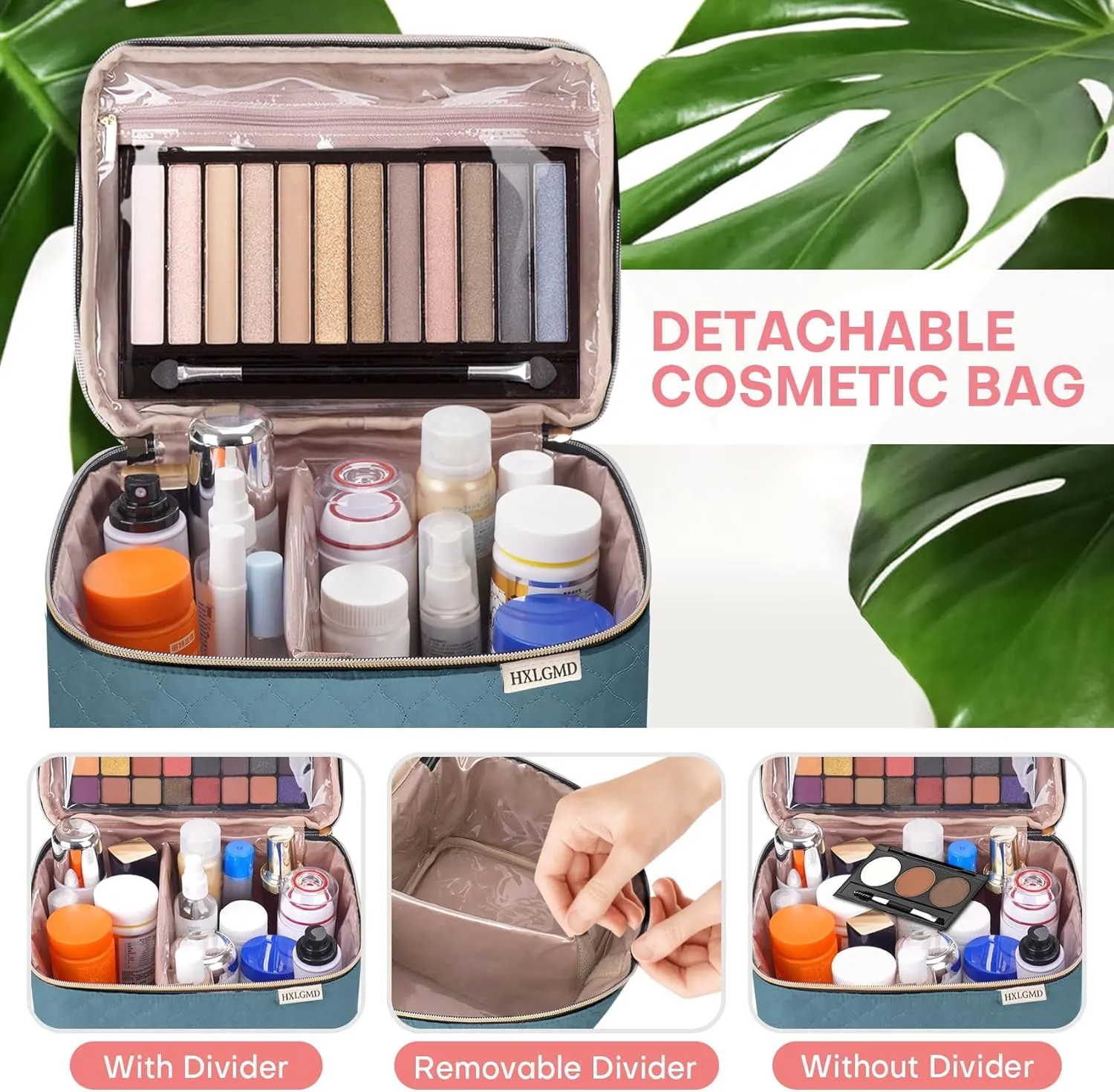 Large Makeup Bag with Mirror Double Layer Travel Make Up Organizer Case, Large Capacity Coemetic with Brush Slot Divider, Travel Toiletry Bag for Women (Lake Blue)