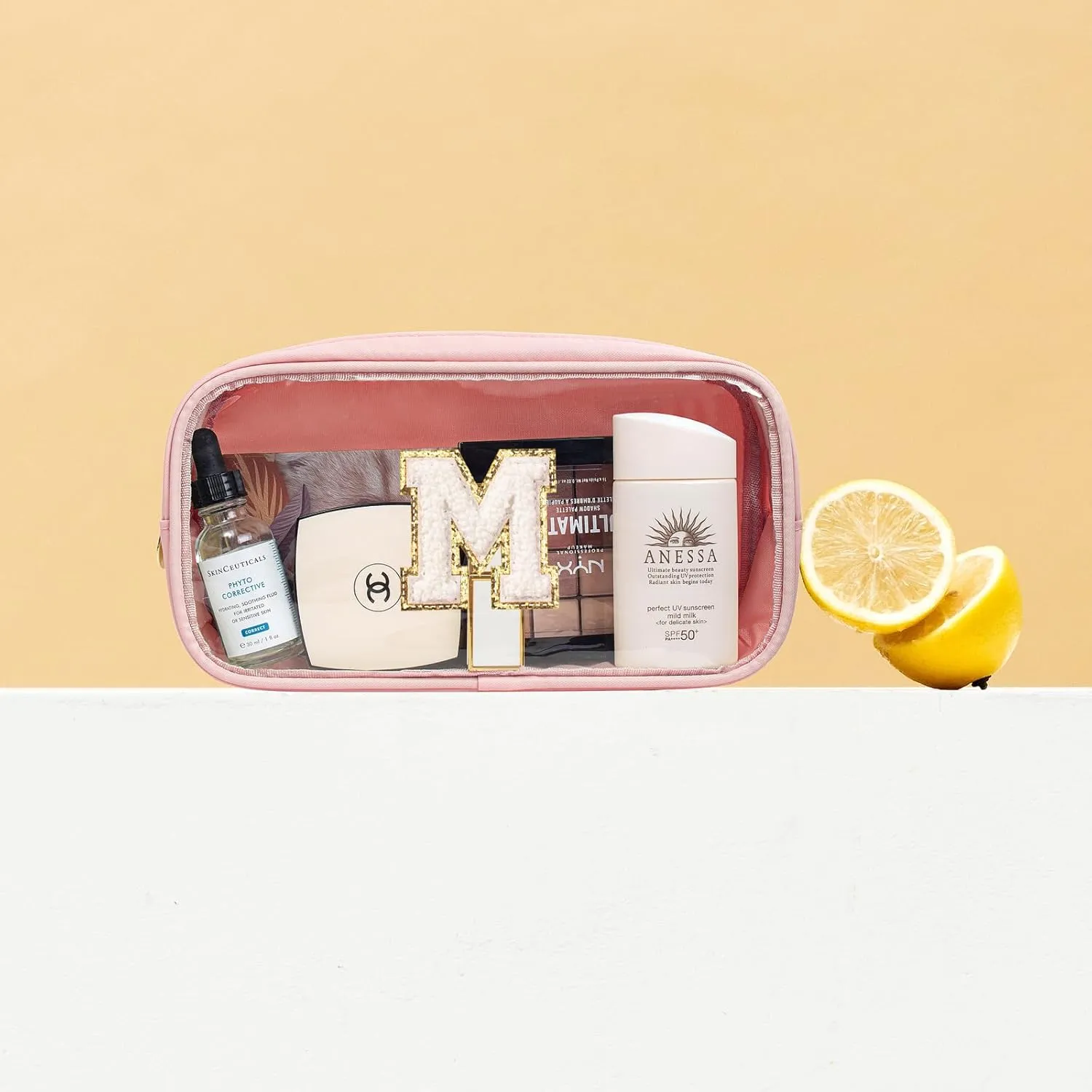 Large Personalized Initial Letter Clear Makeup Bag, Nylon Preppy Patch Makeup Bag Chenille Letter A-Z TSA Approved Travel Toiletry Bag Cute Zipper Makeup Organizer for Women Men (Pink, M)