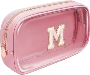 Large Personalized Initial Letter Clear Makeup Bag, Nylon Preppy Patch Makeup Bag Chenille Letter A-Z TSA Approved Travel Toiletry Bag Cute Zipper Makeup Organizer for Women Men (Pink, M)