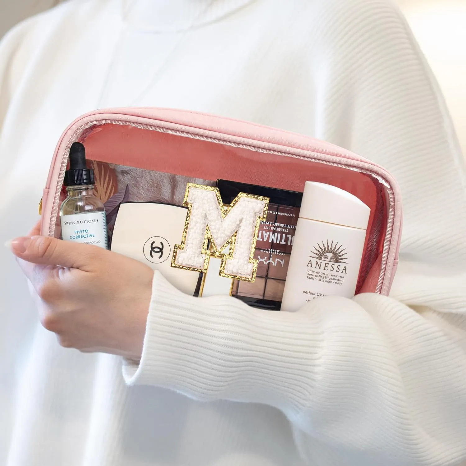 Large Personalized Initial Letter Clear Makeup Bag, Nylon Preppy Patch Makeup Bag Chenille Letter A-Z TSA Approved Travel Toiletry Bag Cute Zipper Makeup Organizer for Women Men (Pink, M)