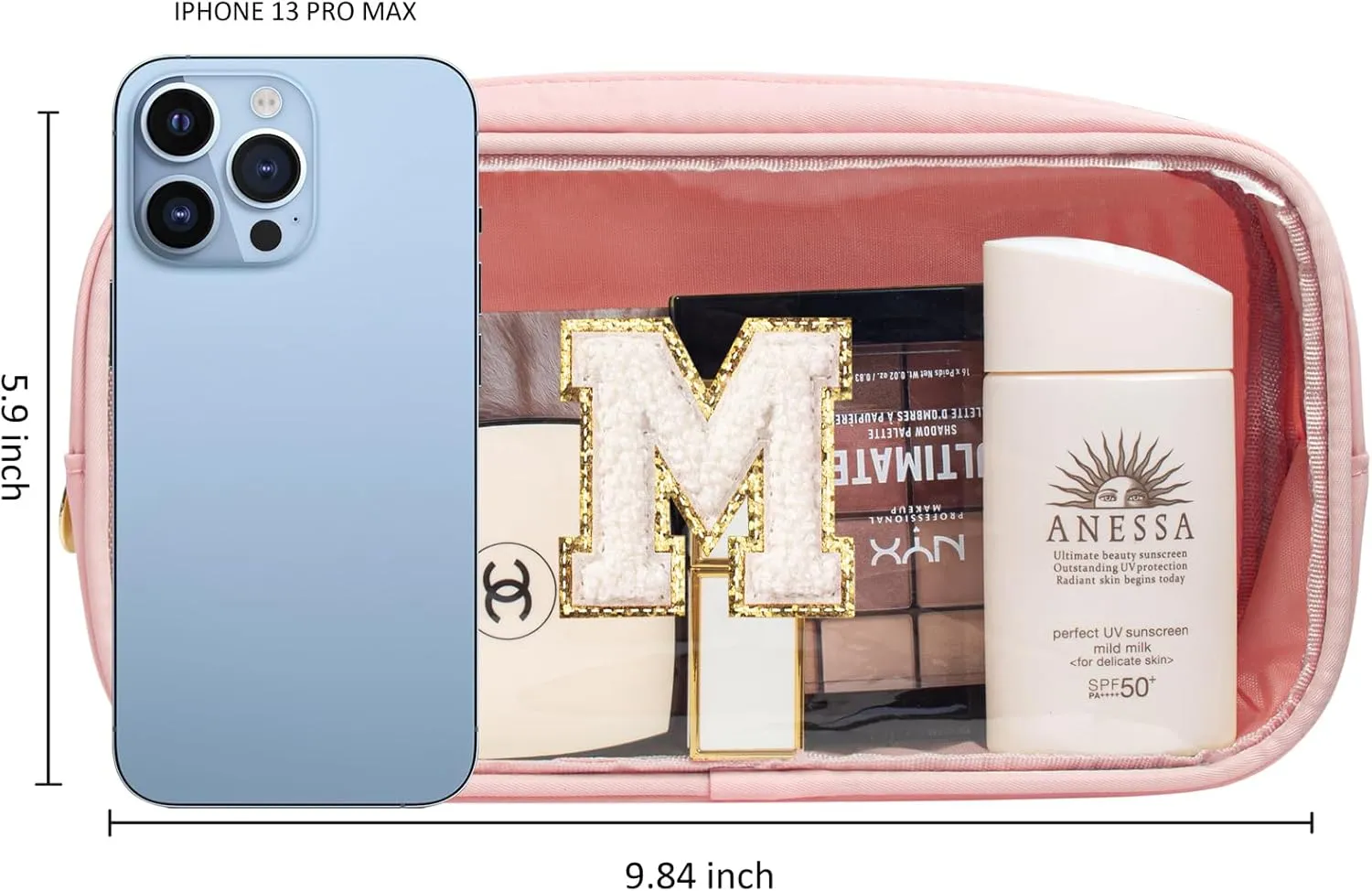 Large Personalized Initial Letter Clear Makeup Bag, Nylon Preppy Patch Makeup Bag Chenille Letter A-Z TSA Approved Travel Toiletry Bag Cute Zipper Makeup Organizer for Women Men (Pink, M)