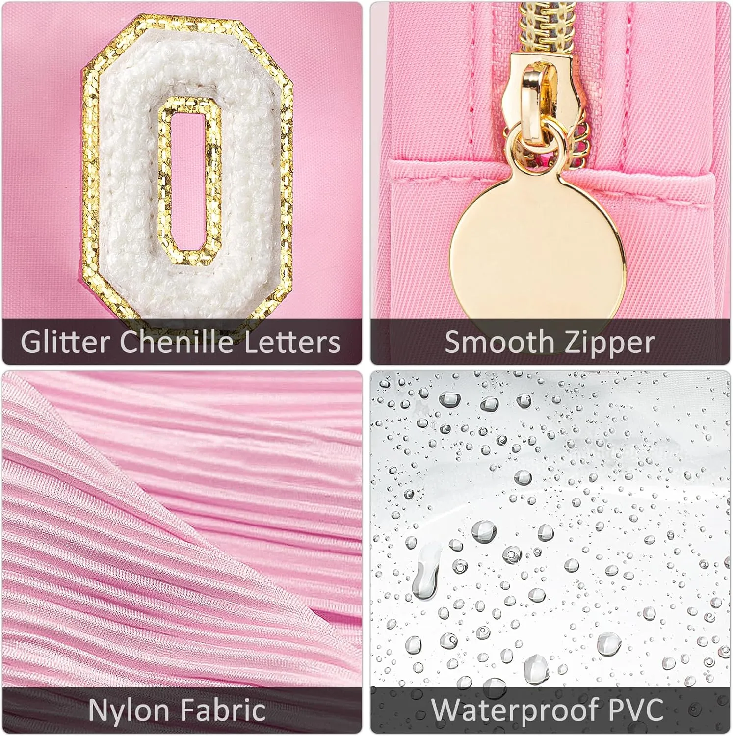 Large Personalized Initial Letter Clear Makeup Bag, Nylon Preppy Patch Makeup Bag Chenille Letter A-Z TSA Approved Travel Toiletry Bag Cute Zipper Makeup Organizer for Women Men (Pink, M)