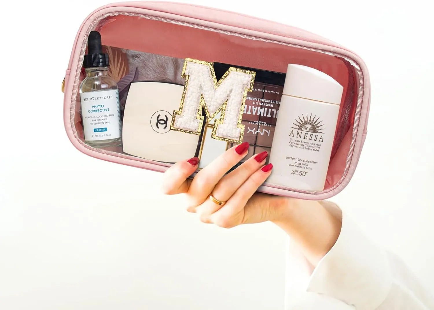 Large Personalized Initial Letter Clear Makeup Bag, Nylon Preppy Patch Makeup Bag Chenille Letter A-Z TSA Approved Travel Toiletry Bag Cute Zipper Makeup Organizer for Women Men (Pink, M)
