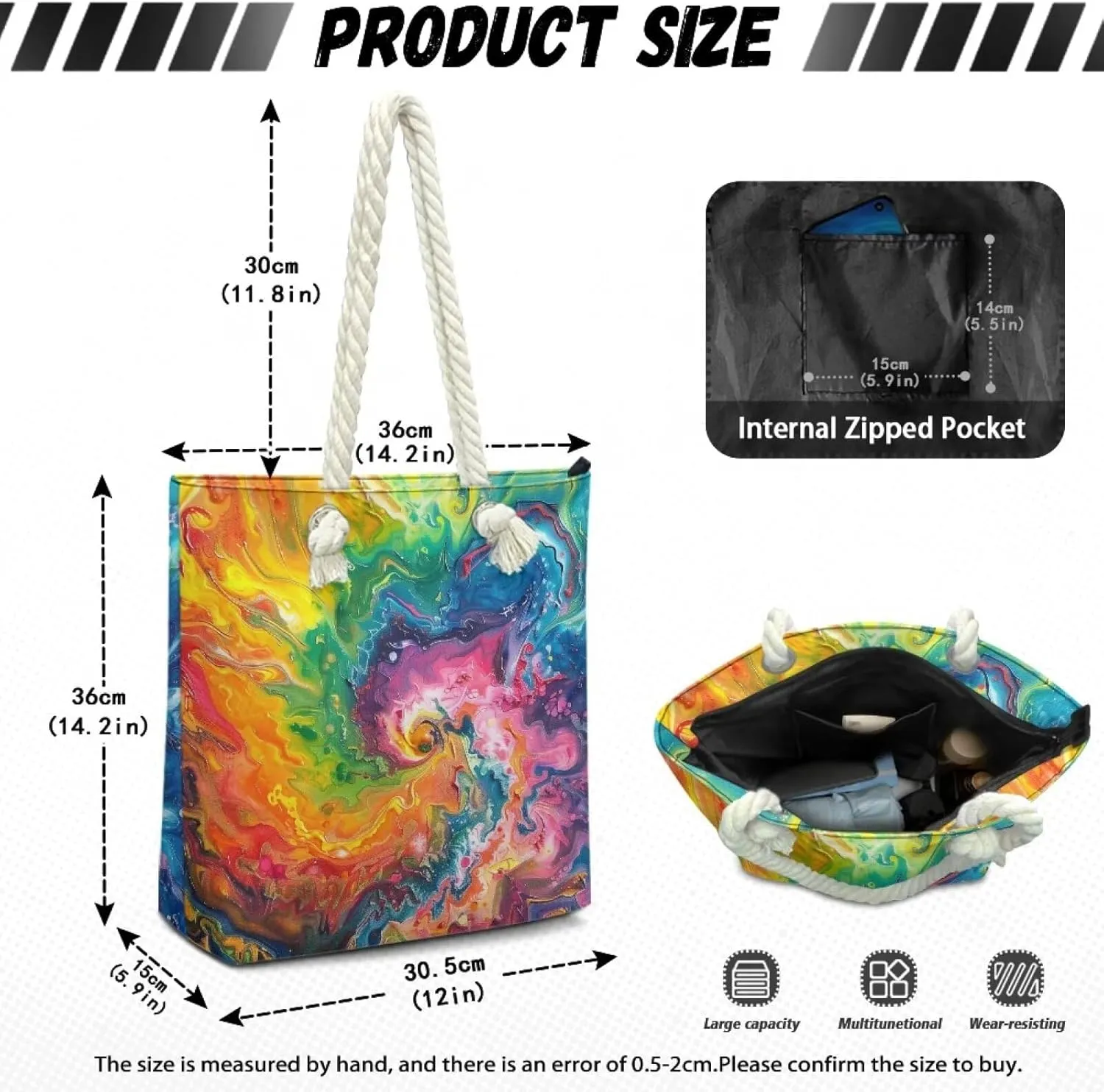 Large Tote Handbags for Women Reusable Grocery Bag Zipper Closure Storage Bag for Daily