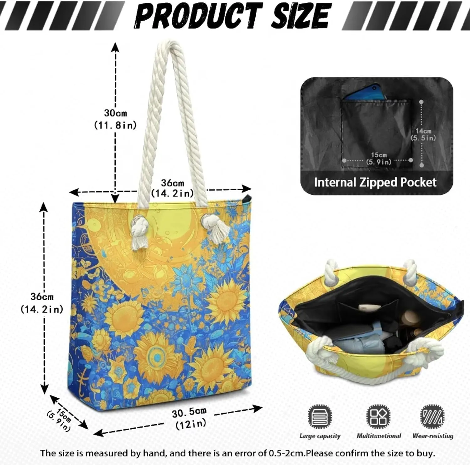 Large Tote Handbags for Women Reusable Grocery Bag Zipper Closure Storage Bag for Daily