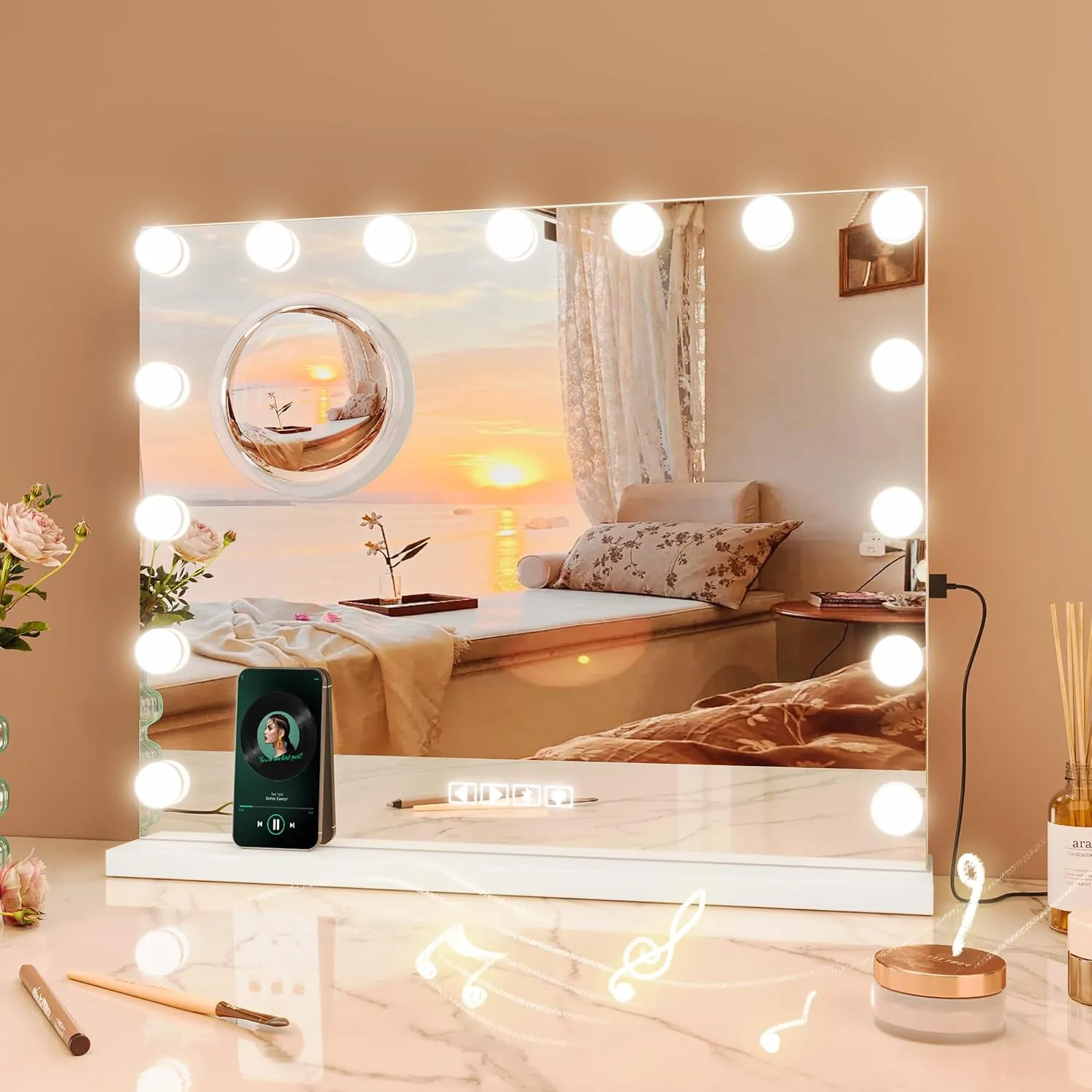 Large Vanity Mirror with Lights, 24"x22" Smart Illuminated Makeup Mirror with Speaker Extra Large, 3 Color Lighting Modes & 3X Magnification, with 15 Dimmable LED Bulbs, Tabletop/Hanging