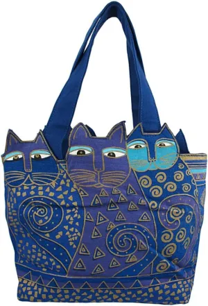 Laurel Burch Tote Zipper Top, 12 by 3-1/2 by 8-1/2-Inch, Tres Gatos, Blue/Gold