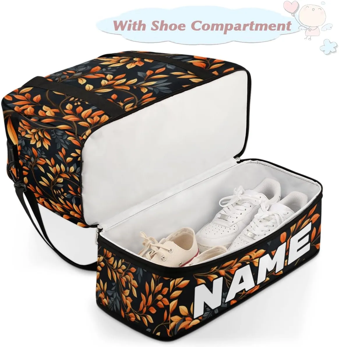 Leaf Print Custom Foldable Duffle Bag with Shoes Compartment Personalized Large Capacity Waterproof Travel Weekender Bag Overnight Bag for Sports Gym