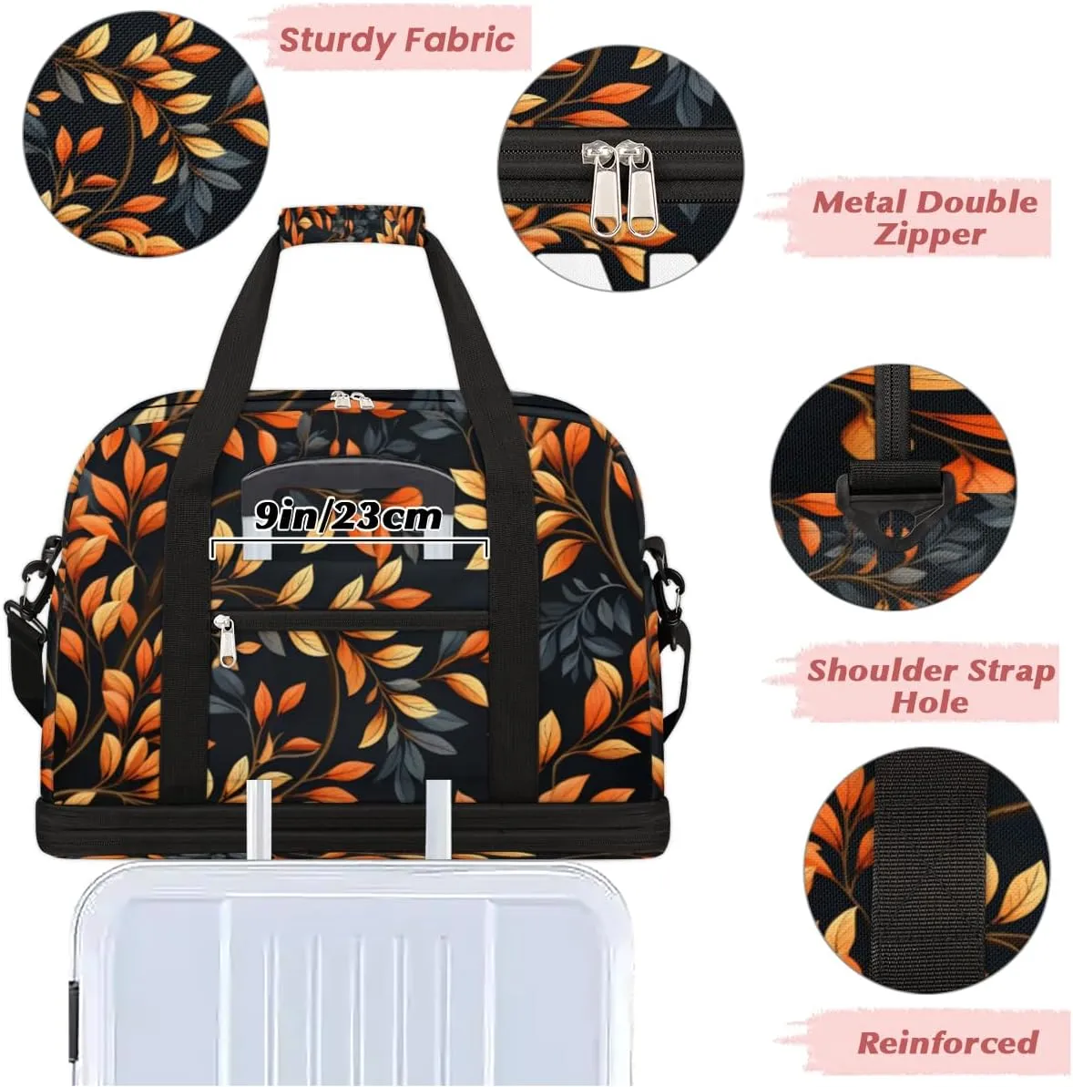 Leaf Print Custom Foldable Duffle Bag with Shoes Compartment Personalized Large Capacity Waterproof Travel Weekender Bag Overnight Bag for Sports Gym