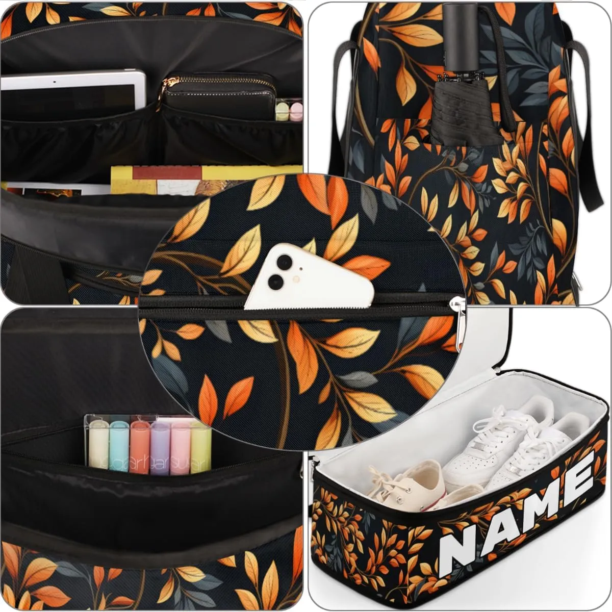 Leaf Print Custom Foldable Duffle Bag with Shoes Compartment Personalized Large Capacity Waterproof Travel Weekender Bag Overnight Bag for Sports Gym
