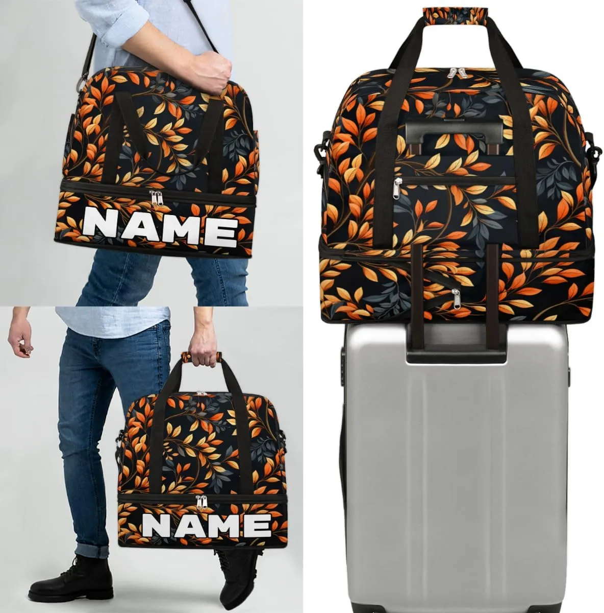 Leaf Print Custom Foldable Duffle Bag with Shoes Compartment Personalized Large Capacity Waterproof Travel Weekender Bag Overnight Bag for Sports Gym