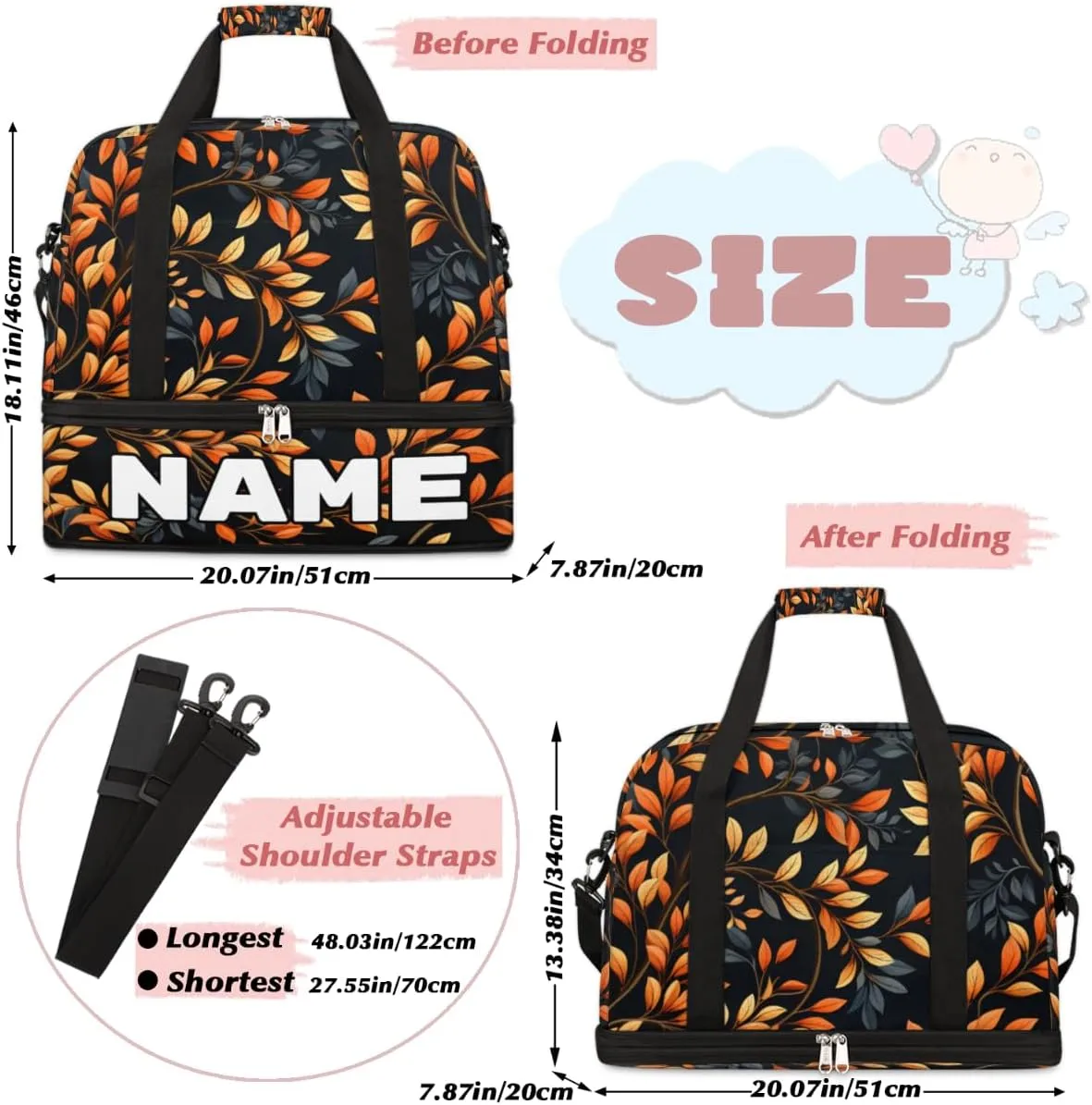 Leaf Print Custom Foldable Duffle Bag with Shoes Compartment Personalized Large Capacity Waterproof Travel Weekender Bag Overnight Bag for Sports Gym