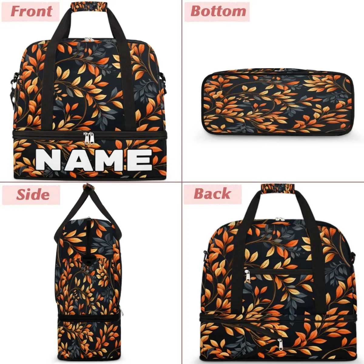 Leaf Print Custom Foldable Duffle Bag with Shoes Compartment Personalized Large Capacity Waterproof Travel Weekender Bag Overnight Bag for Sports Gym