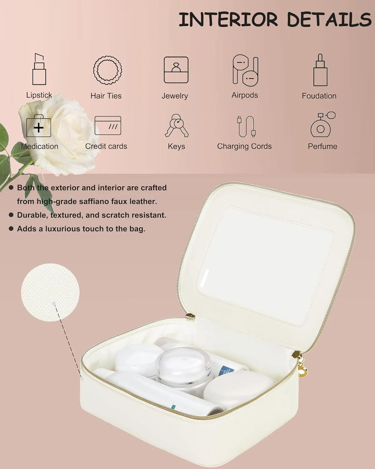 Leather Clear Makeup Bags Set - Travel Clear Cosmetic Bag Case with Zipper, Transparent TSA Approved Toiletry Bags for Travel Essentials Car Accessories for Women (White, S M)
