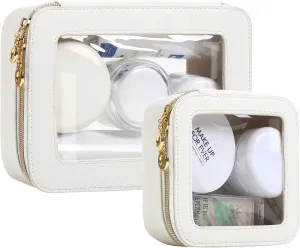 Leather Clear Makeup Bags Set - Travel Clear Cosmetic Bag Case with Zipper, Transparent TSA Approved Toiletry Bags for Travel Essentials Car Accessories for Women (White, S M)