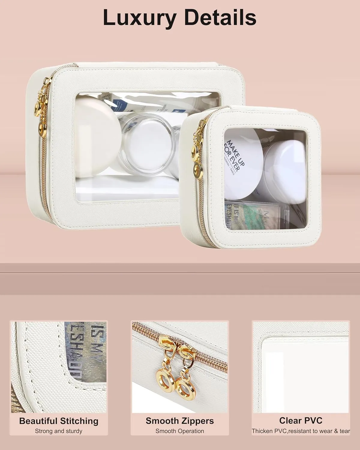 Leather Clear Makeup Bags Set - Travel Clear Cosmetic Bag Case with Zipper, Transparent TSA Approved Toiletry Bags for Travel Essentials Car Accessories for Women (White, S M)