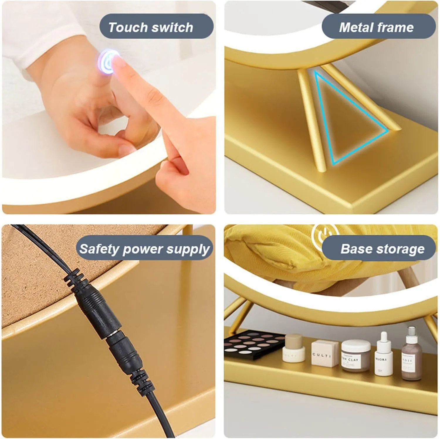 LED Makeup Mirror, 40/50cm Desktop Lighted Vanity Mirror, 3 Colors Dimmable Round Light Up Mirror with Stand(Gold,40cm/15.7in)