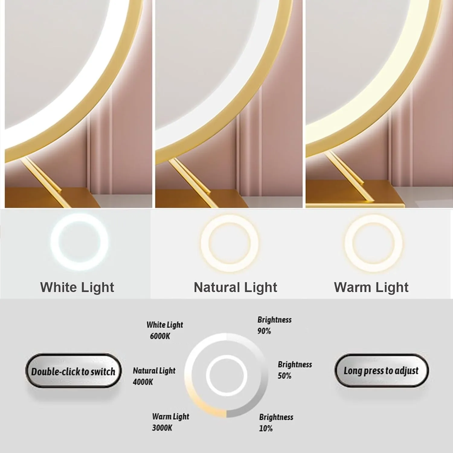 LED Makeup Mirror, 40/50cm Desktop Lighted Vanity Mirror, 3 Colors Dimmable Round Light Up Mirror with Stand(Gold,40cm/15.7in)