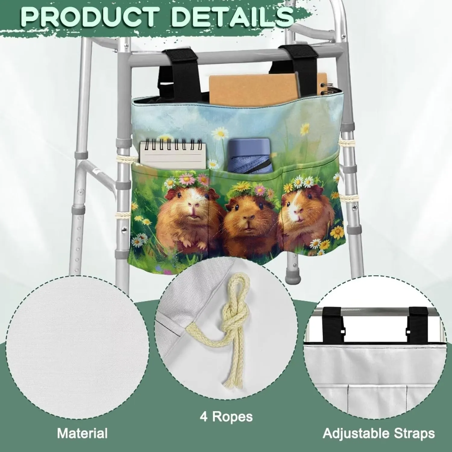 LedBack Cute Walker Bag Durable Large Capacity Storage Bags Guinea Pigs Pattern Lightweight Portable Walker Storage Pouch with Fixed Rope and Adjustable Strap