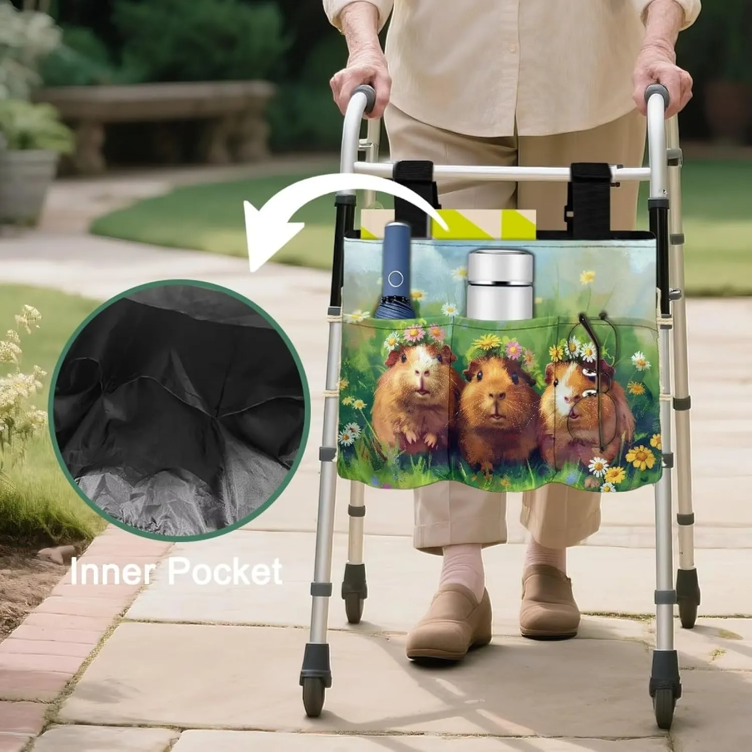 LedBack Cute Walker Bag Durable Large Capacity Storage Bags Guinea Pigs Pattern Lightweight Portable Walker Storage Pouch with Fixed Rope and Adjustable Strap